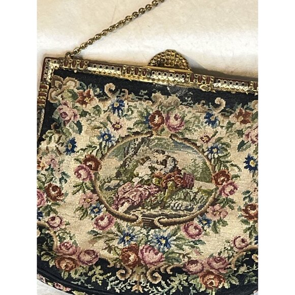 Antique Handmade Floral Needlepoint Tapestry Handbag &amp; Small Coin Purse with - Picture 7 of 16